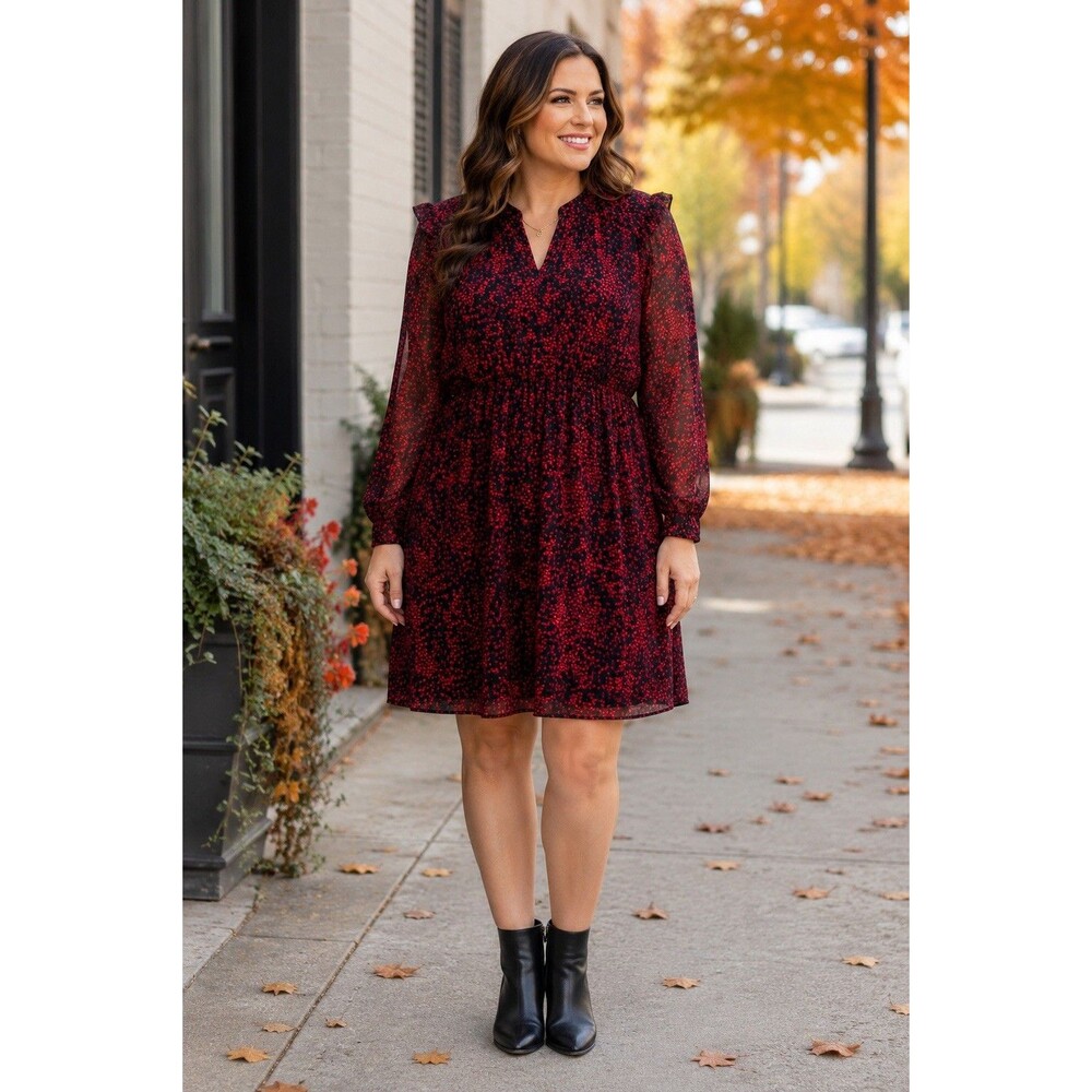BeachLunchLounge XL Red Black Print Ruffle Long Sleeve Lined Chiffon Shift Dress